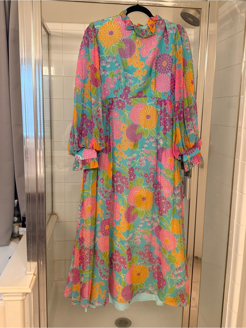 Bright Floral 1970s Maxi Dress in Aqua, Pink & Yellow